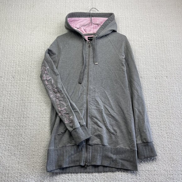 Y2K Oakley Full Zip Hoodie Wom MGrey / Pink Flower Sleeve AOP Boho Hooded Strech - Picture 1 of 16
